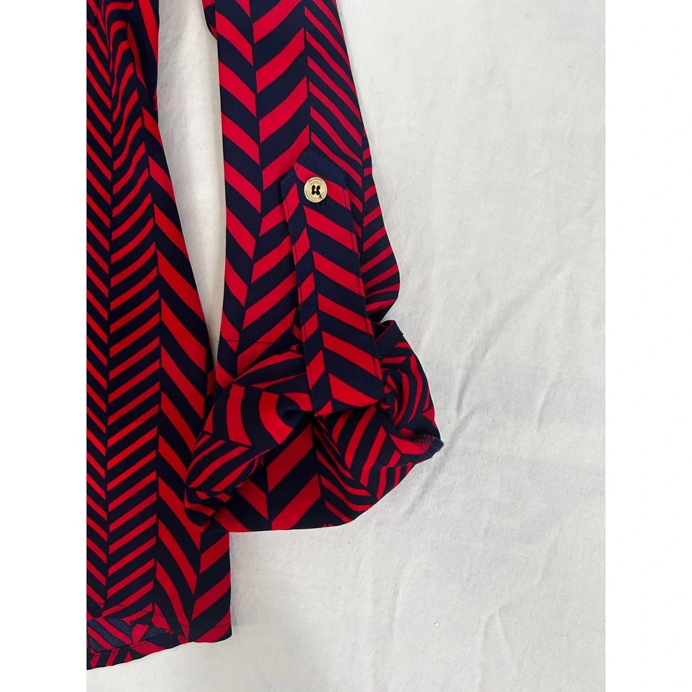 Michael Michael Kors Red Navy‎ Chevron Half Zip Roll Tab Sleeve Blouse Small